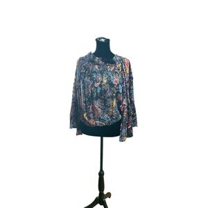 Free People Floral Print Mock Neck Bell Sleeve Boho Blouse Top Women's XS